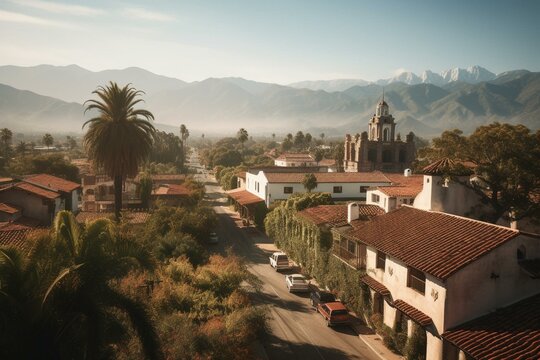 Historic downtown Santa Barbara, California, with Santa Ynez mountains in the background near the county courthouse. Generative AI