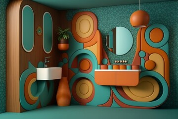Bathroom design inspired by 1970s salad culture. Generative AI