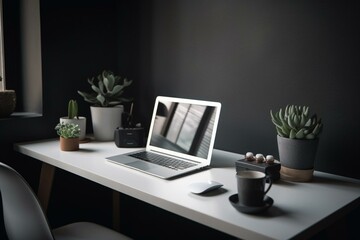 A minimalist home office setup with a laptop, coffee, and succulent, combining efficiency and style. Generative AI