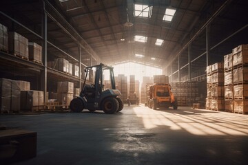 Image of warehouse with storage buildings, forklift, truck, and rack with boxes. Logistics and stock management. Generative AI