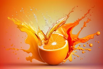Fotobehang A splash of orange juice on a colorful background. Generative AI © Cirilla