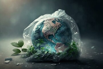 Earth suffocating in plastic. Save environment. Ecological protection. Care for ecology. Concept art. Generative AI - obrazy, fototapety, plakaty