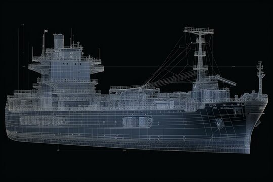 Detailed blueprint of cargo ship from the side. Generative AI