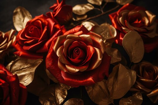 Red and golden roses symbolize love on a backdrop. Generative AI