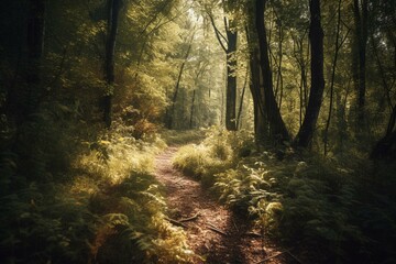 Hiking trail through sunlit European forest. Generative AI