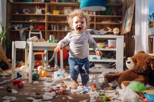 a playful hyperactive cute white toddler misbehaving and making a huge mess in a kids room, throwing around things and shredding paper. Studio light. Generative AI technology