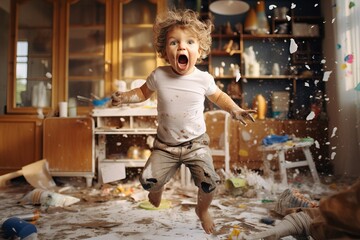 a playful cheerful hyperactive cute white caucasian toddler boy child misbehaving and making a huge mess in a living-room, throwing around things and shredding paper. Studio light.