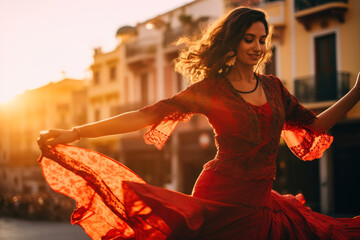 Flamenco dancer performing passionately in city square at sunset with sun shining through the...