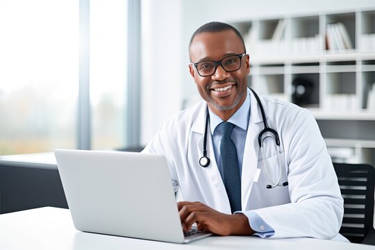 African American male doctor in his office. Smiley middle aged man sitting in front of laptop monitor in his office and looking at camera.