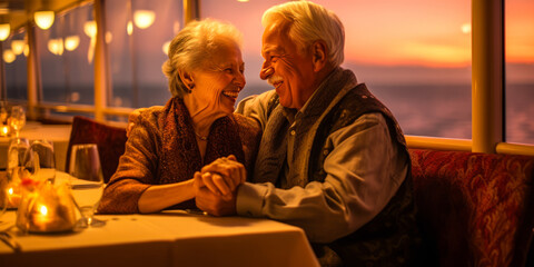 Enchanting senior couple sharing intimate candlelit dinner on cruise deck, under starry sky with soft focus on glimmering sea beyond. Generative AI