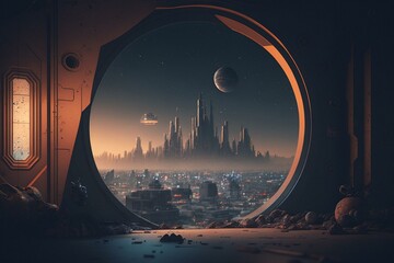 A gritty space with a cityscape in the background. Rendered in 3D. Generative AI
