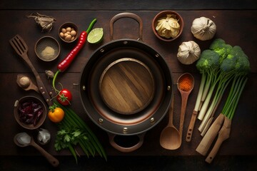 Obraz na płótnie Canvas Top view of organic vegetables, wooden bowls, and spoons on wood background with empty iron cooking pot. Great for vegan & clean eating cooking. Generative AI
