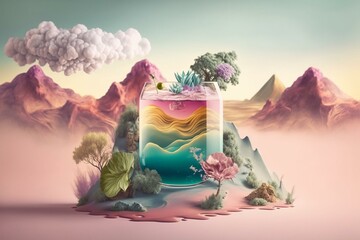 Surreal drink with nature backdrop, pastel hues & dreamy vibes. Generative AI