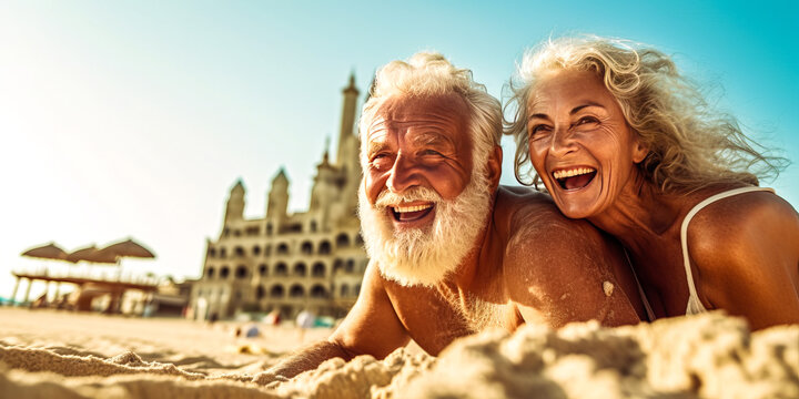 Captivating image of blissful retired couple, joyously building ambitious sandcastle at beach with vibrant turquoise ocean & blurred sunbathers in backdrop. Generative AI