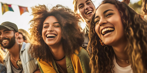 Exhilarating multicultural group of young friends at a night music festival, celebrating life with infectious joy, immense freedom and engaging dance moves. Generative AI