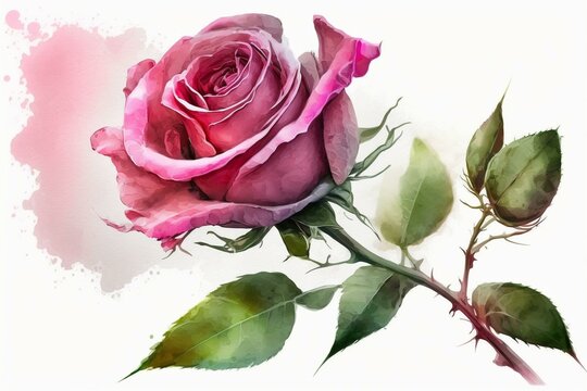 Vibrant pink rose painted in watercolor on a white background. Artistic and elegant. Generative AI