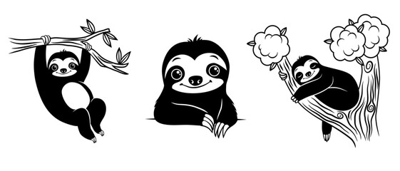 Set of 3 cartoon cute Sloths. Hand drawn vector designs. © TanForest
