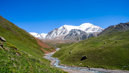 Fototapeta premium a stormy river in a beautiful mountain gorge. summer mountains. green gorge