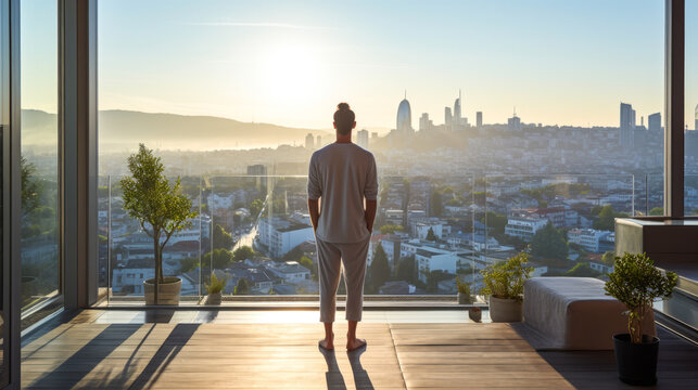 Captivating city view with serene man stretching on balcony, epitomizing French elegance and individuality in active lifestyle. Perfect blend of tranquility and freshness. Generative AI