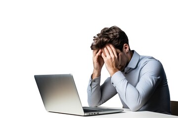 Freelancer in front of a laptop under stress. mastering problems. white background