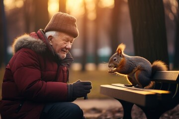 presentable pensioner treats a squirrel in the park