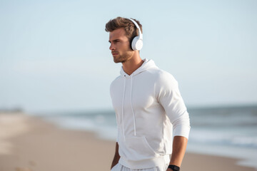 a young guy before a coastal run with headphones on.