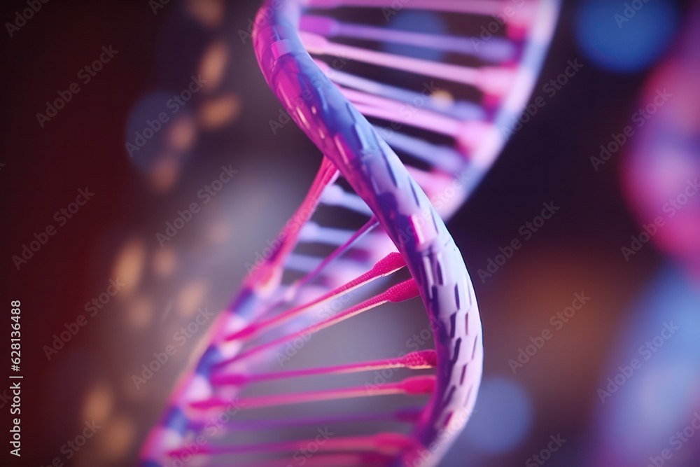 Poster close up dna helix realistic model on pink background genome molecule educative material