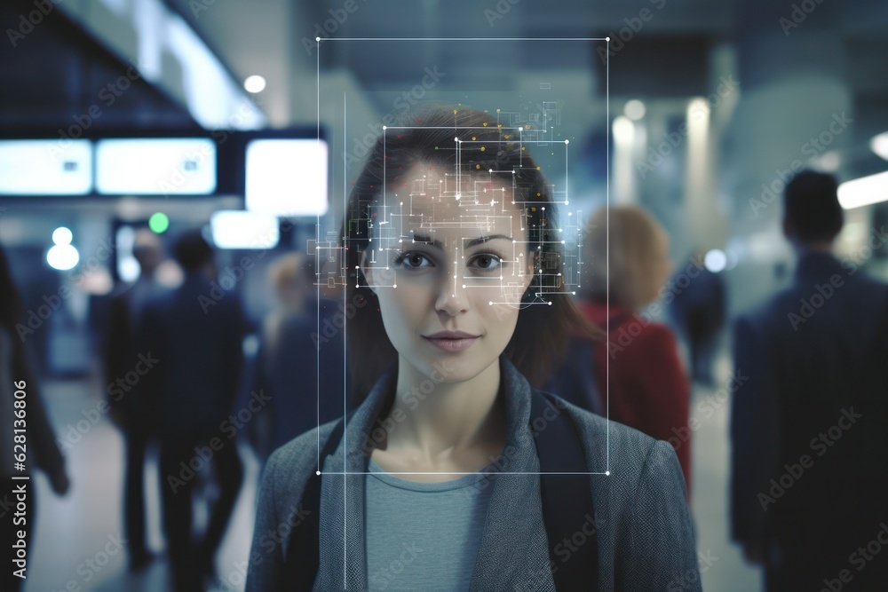 Poster advanced facial recognition tech scans passersby on busy city streets and subway halls