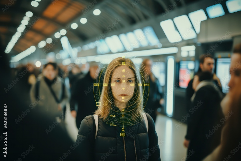 Poster pedestrians in subway station are monitored by sophisticated facial recognition technology security