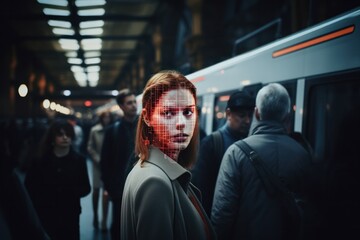 subway stations automatic facial recognition technology monitoring pedestrians n a crowd of people.