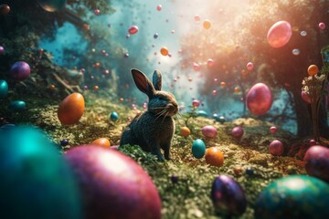 Obraz na płótnie Canvas An adventure filled with a bright Easter bunny and eggs floating in the air. Generative AI