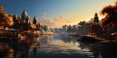 Fototapeta premium Spiritual development Jorney holidays, traveling in india, Varanasi, photorealistic fantasies, AI generative