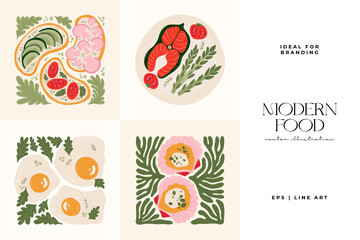Fototapeta premium Food abstract elements. Food and healsy composition. Modern trendy Matisse minimal style. Restaurant and kitchen poster, invite. Vector arrangements for greeting card or invitation design