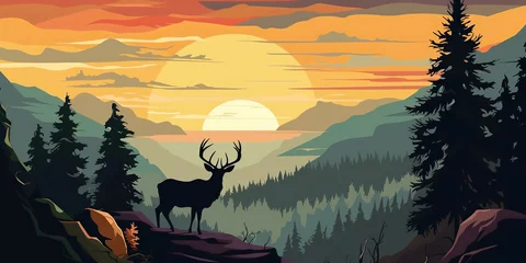 Schilderijen op glas AI Generated. AI Generative. Nature outdoor forest mountain deer animal background. Adventure trekking hunting landscape background poster. Graphic Art © AkimD