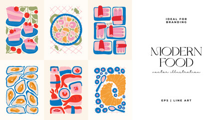 Naklejka premium Food abstract elements. Food and healsy composition. Modern trendy Matisse minimal style. Restaurant and kitchen poster, invite. Vector arrangements for greeting card or invitation design