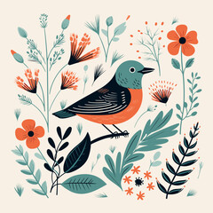 Bird with flowers. Vector illustration. Abstract illustration.