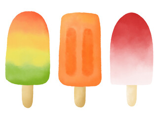 Cartoon Ice cream collection of summer delicious. colorful sundaes, gelatos. watercolor ice cream.