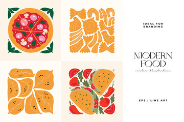 Food abstract elements. Food and healsy composition. Modern trendy Matisse minimal style. Restaurant and kitchen poster, invite. Vector arrangements for greeting card or invitation design