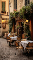 Fototapeta na wymiar Traditional restaurant exterior with tables, chairs and menu, France