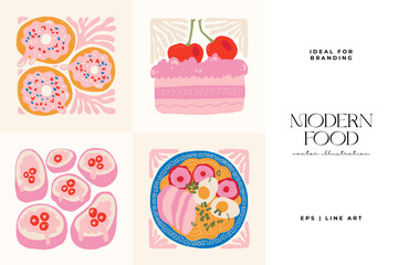 Food abstract elements. Food and healsy composition. Modern trendy Matisse minimal style. Restaurant and kitchen poster, invite. Vector arrangements for greeting card or invitation design