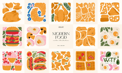 Food abstract elements. Food and healsy composition. Modern trendy Matisse minimal style. Restaurant and kitchen poster, invite. Vector arrangements for greeting card or invitation design