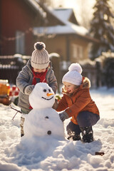 Happy kids building snowman in the garden at sunny winter day. Generative AI