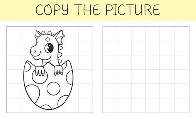 Copy the picture is an educational game for kids with cute dragon in the egg. Cute cartoon dragon coloring book.