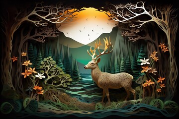 Abstract modern and creative 3d interior mural wall art wallpaper with dark green and golden forest trees, deer animal wildlife with birds and mountains