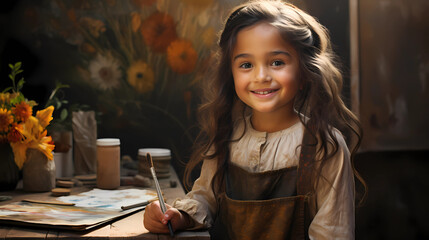  girl wearing a painter's smock is joyfully creating art with a paintbrush