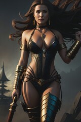 a woman in a sexy costume, armored in a heroic fantasy style