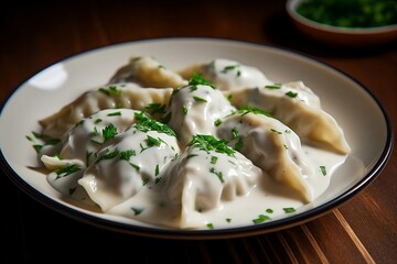 Fototapeta na wymiar Dumplings with sour cream and dill with herbs