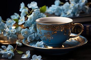 Obraz na płótnie Canvas Teacup and blue flowers on teal saucer, Provian storybooklike photo. Generative AI