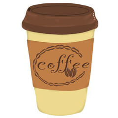 The coffee in the glass has a lid, and it says coffee.
