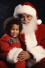 Obraz premium Happy kid sitting on Santa Claus laps, Christmas time. generative AI